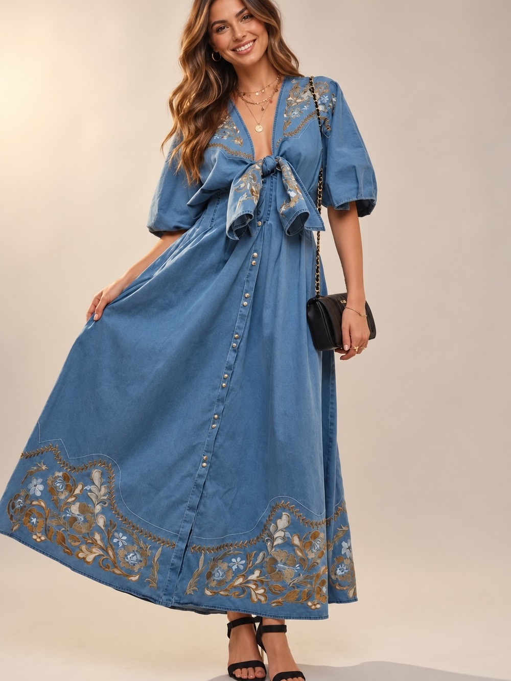 Blue B Embroidered Tie-Front Denim Maxi Dress